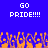 Blue background with white pixelated text 'GO PRIDE!!!!' repeated twice above orange and purple pixelated crowd silhouettes raising hands.