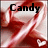 A static pixelated image with the word 'Candy' in bold black text over a red and white abstract background featuring swirling patterns and a small heart shape.