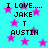 Cyan background with pink stars and black pixelated text reading 'I LOVE..... JAKE T AUSTIN' in four identical sections.