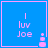Blue square icon with pink border and text "I luv Joe" in pixelated font, featuring a small animated pink bottle-like shape on the right.
