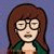 Pixelated static image of a cartoon character with long brown hair, glasses, and a green top against a blue background.