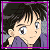 Pixelated anime-style character with dark hair and purple clothing, surrounded by repeated text elements on a black background.