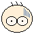 Two pixelated circular faces with large white eyes and black pupils, each face has three small antennae on top and blue vertical lines on the right side of the head.