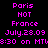 Static digital text display with pink pixelated letters on black background showing repeated Paris, France location and time details.
