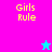 Pixelated 'Girls Rule' text in yellow on four colored quadrants with two star icons, one cyan and one pink.