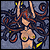 Pixelated static image of a figure with long dark hair, light skin tone, and yellow accents on chest and limbs against a blue-gray background.