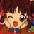 Pixelated anime-style character with large eyes, one eye winking, red mouth, blue clothing, and brown hair against a dark red background.
