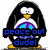Pixelated penguin with peace sign, winter-themed text overlays, and a dancing penguin in the corner.
