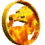 Golden circular icon with dragon head silhouette rotating through multiple angles against gray background.