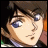 Pixelated anime-style character face with brown hair and blue eyes, next to stylized text on a black background.