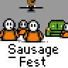 Animated contact sheet of 10 frames showing pixelated characters in orange shirts and green couches with text bubbles, arranged in a 4x3 grid on gray background.