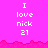 Pixelated text on a bright pink background with jagged lower edge, showing 'I love nick 21' repeated across sections.