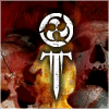 A circular white symbol with three curved segments above a vertical sword-like shape, set against a background of skulls and flames.