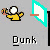 Pixelated character in yellow shirt performs basketball dunk animation with ball, hoop, and net against gray background.