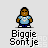 Pixel art of Biggie Smalls icons with text bubbles, facial expressions, and a memorial tribute in the bottom-right