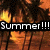 Pixelated beach scene with palm trees and sunset, overlaid text reads 'Summer!!!' then changes to 'It's About TIME!!!'