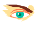 Four pixelated eye icons with teal irises and brown eyebrows on a gray background, featuring yellow motion lines and Chinese text at the bottom.
