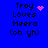 Blue background with black text reading 'Troy Loves Meera (oh yh)' and four variations of pink pixelated symbols next to the name.