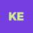 Pixelated light green 'KE' letters on solid purple background with subtle gray outline.