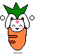 Pixel art of a carrot-shaped character with green leafy top, white rabbit ears, and pink blush marks on cheeks, set against gray background.