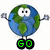 Pixelated Earth character with arms raised, displaying 'GO' text below in green digital font on black background.