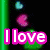 Pixelated digital image with multiple text elements and heart symbols on a black background, featuring pink, green, and white text.