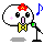 Pixel art contact sheet of a singing character with six animation frames showing mouth and eye changes, microphone, musical notes, and red flower headpiece on gray background.