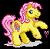 Yellow pony with pink mane and tail stands against dark background, blue eye visible, pixelated rendering.
