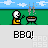 Pixel art animation of a character grilling with smoke, alternating between holding tongs and a red item.