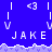Pixelated blue background with white text 'JAKE' repeated three times, each above a purple wave-like border and below a heart symbol '<3' flanked by vertical lines.