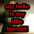A person in a dark suit with white shirt stands against bright background, text overlay reads 'say hello to my little friend!!!' on left