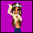 Pixel art contact sheet showing two frames of an animated AIM buddy icon with a cartoon character and text on purple background.