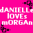 Pixelated text on bright pink background with black square corner accents, repeating 'DANIELLE LOVES MORGAN' in white block letters across two