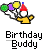 Pixelated static icon of a yellow stick figure wearing a red party hat holding three colorful balloons with text below reading "Birthday Buddy" on gray background.
