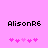 Pixelated text 'AlisonR6' in black on pink background with two of five pink heart icons below