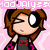 Pixelated cartoon character with brown hair in pigtails, one eye closed, wearing dark clothing with red accents, against a pink background with partial text.