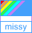 Animated icon with rainbow stripes and 'missy' text, showing sequential changes in letter styling across frames.