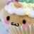 A cupcake-shaped character with white frosting, pink cheeks, and a mustache-like mouth appears in four showing slight variations