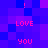 Pixelated text 'LOVE YOU!' repeated in a pattern on a blue-purple gradient background with pink lettering