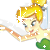 Pixelated cartoon character with blonde hair in a bun, green dress, and outstretched arm against white background with scattered gray pixels.