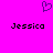 A static pixel art image with a bright pink background, a purple heart symbol at the top center, and the name "Jessica" in black pixelated text on both the left and right sides.