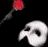A black background displays a sequence of white masks with red accents, accompanied by repeated text reading "the phantom of the opera" in blue and white pixelated font.