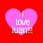 Four pink heart-shaped icons with white text "I love Juan!!!" on a red background, arranged in a