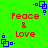 Green background with red text reading Peace & Love and blue square patterns in four corners.