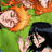 Two anime-style characters lie on green grass with orange flames behind them; orange background displays "Ichigo" and "Rukia" text with a heart symbol.