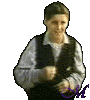 A sequence of animated frames showing a person in a white shirt and dark vest performing hand gestures against a gray background with purple 'M' text.
