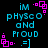 Pixelated text and symbols on black background with cyan and magenta elements, including 'iM', 'pHyScO', 'aNd', 'PrOuD', '.=]', and pink square patterns.