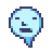 Pixel art character with light blue face, dark blue outline, and cyan accents; two versions show differing eye shapes on a gray background.