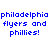 Blue pixelated text 'philadelphia flyers and phillies!' repeated across two with red rectangular overlays on specific words