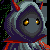 Pixelated character with glowing yellow eyes, purple hooded cloak, and red accents on a dark background.